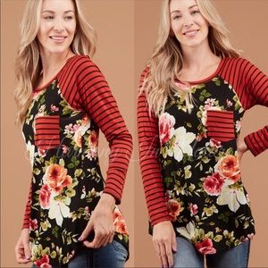 Floral & Striped long sleeve Pocket Tee